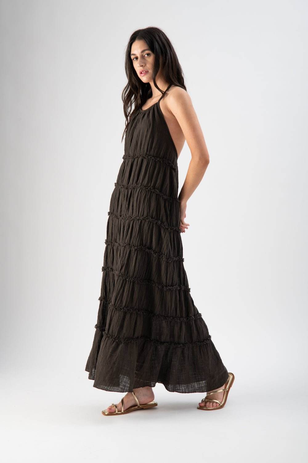 Abito lungo in cotone sfrangiato testa di moro - MND™